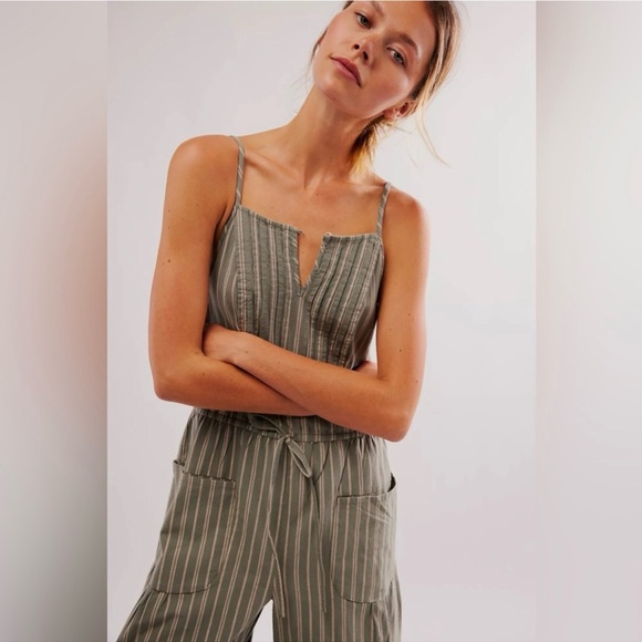 Free People Faded Sage Green and cream striped Verona Jumpsuit with barrel pants - Picture 7 of 8